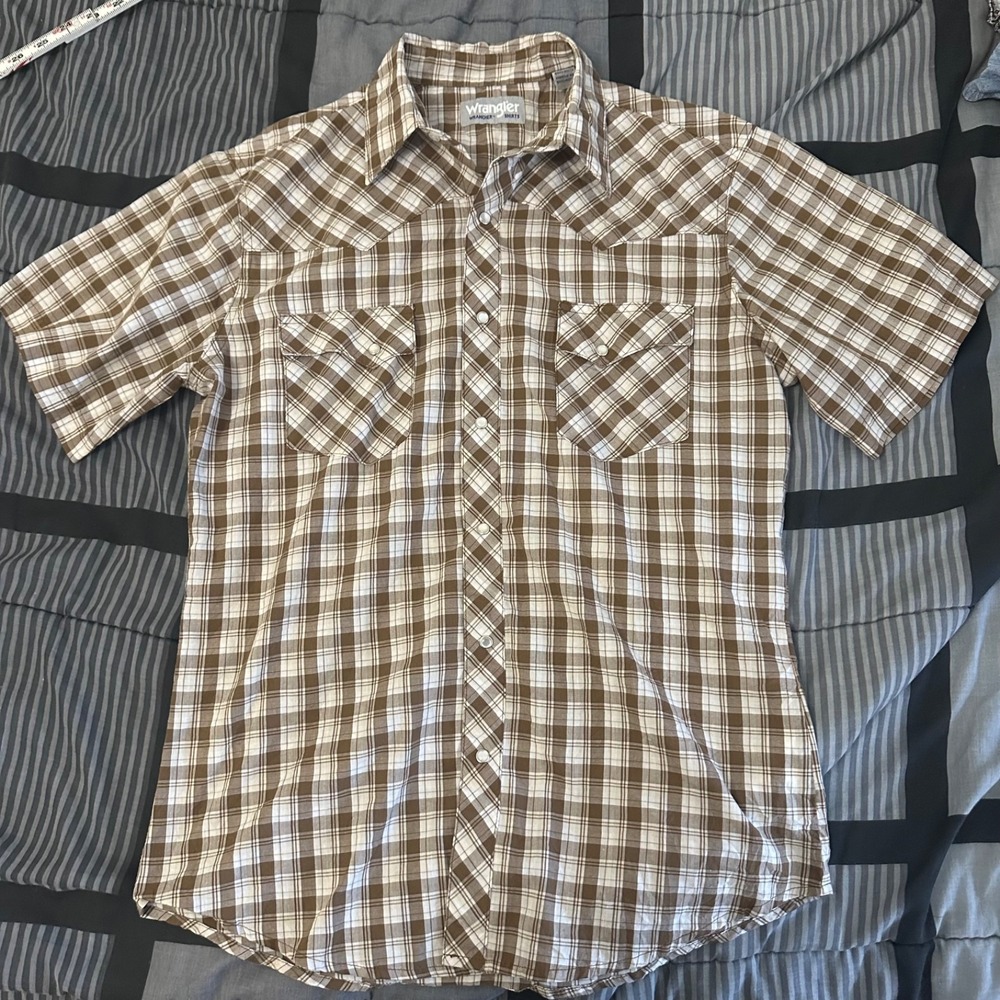 Wrangler Western Shirt Pearl Snap Plaid Brown Mens Medium Short Sleeve Cowboy